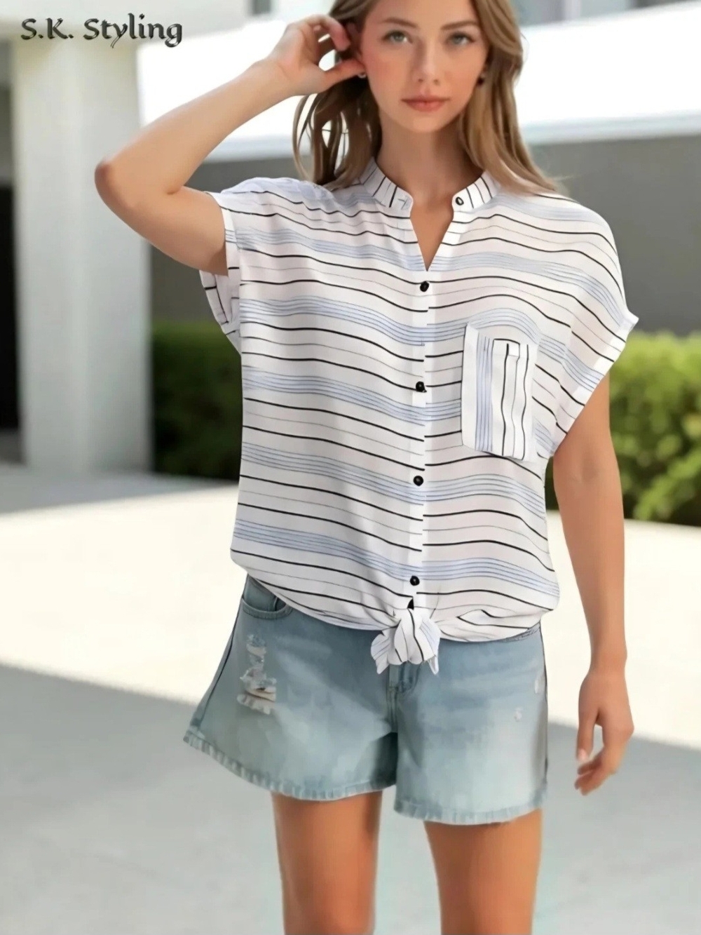 The Impeccable Pig Button-up Crinkle Top w/Tie Waist Blue White Stripe size M/L